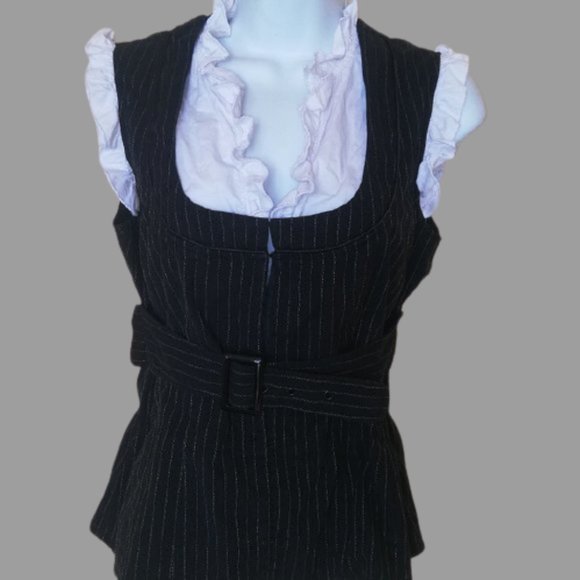 Le Chateau Black White Belted Blousy Top Small